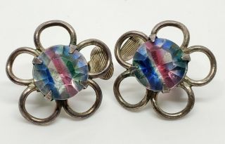 Vintage Signed 835 Fine Silver Faceted Iris Glass Gemstone Floral Clip Earrings 2