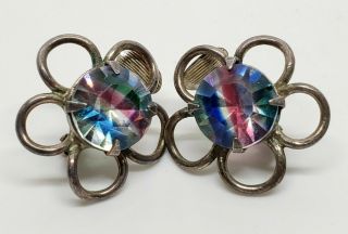 Vintage Signed 835 Fine Silver Faceted Iris Glass Gemstone Floral Clip Earrings 3