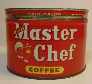 Vintage 50s H&h Master Chef Coffee Keywind Coffee Tin 1 Pound San Antonio Texas