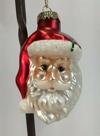Vintage Santa Claus Glittery Face Christmas Tree Holiday Ornament Blown Glass