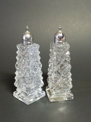 Vintage Princess Diamond Point Crystal Salt And Pepper Shakers Chrome Top Square