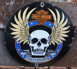 Vintage Porcelain Harley Davidson Motorcycles Gas And Oil Sign Skull Wings