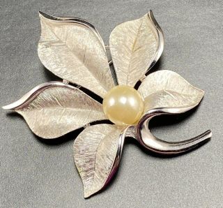 Trifari Signed Vintage Brooch Pin 2” Silver Tone Flower Glass Pearl Lot4