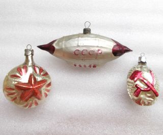 3 Vintage Ussr Propaganda Russian Glass Christmas Ornaments Red Star & Dirigible