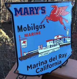 OLD VINTAGE 1947 MARY ' S MOBILGAS MARINE PORCELAIN GAS STATION PUMP SIGN CALI 2