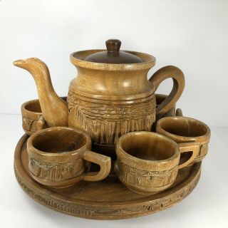 Vintage Hand Carved Wood Teapot With 6 Cups And Tray