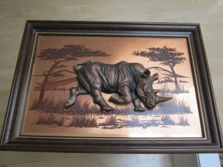 Vintage Signed John Louw 3d Framed Copper Art The Rhino From 1974