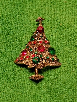 Vintage Signed Hollycraft Rhinestone Christmas Tree Gold Tone Brooch Pin