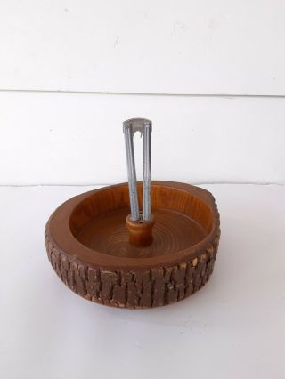 Vintage Wood Nut Bowl With Bark Exterior 1 Nut Cracker