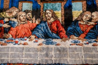 Large Vintage 1970 ' s Da Vinci Last Supper Jesus Wall Tapestry Rug Velvet Texture 3