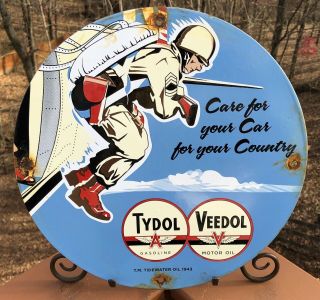 Old Vintage Dated 1943 Veedol Tydol Motor Oil Porcelain Enamel Gas Pump Sign