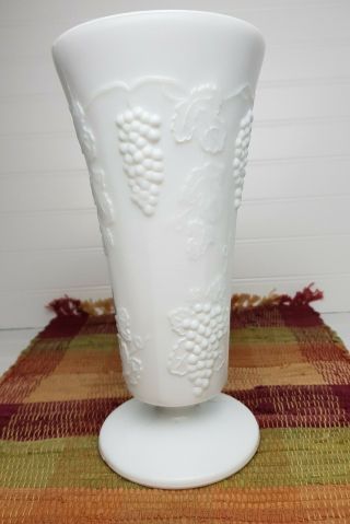 Vintage Tall Footed White Milk Glass 10 " Tall Vase Raised Grapes & Leaves Design