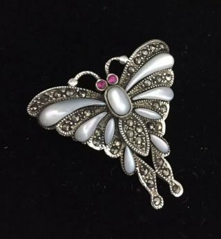 Vintage Jewellery Art Nouveau Silver,  Ruby & Mother Of Pearl Butterfly Brooch
