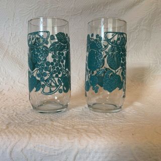 Vtg Libbey Fruit Design Drinking Glasses Set Of 2 Turquoise Color Textured
