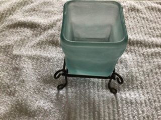 Vintage Black Wrought Iron Stand & Aqua Glass Candle Holder