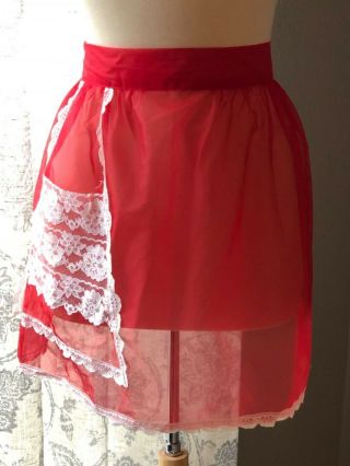 Vintage 50’s Red Sheer & White Lace Apron - Handmade