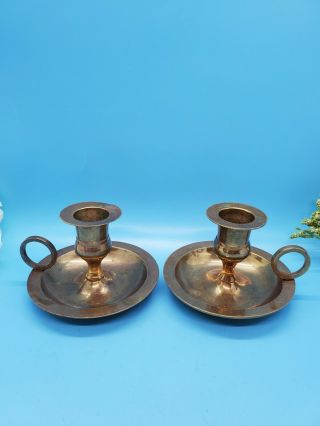 Two Vintage Brass Candle Stick Holders With Finger Rings