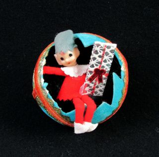 Vintage Red Suit Pixie Elf Sitting In Blue Christmas Ornament Holding Gift Japan