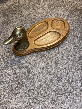 Vintage Brass Duck Head And Oak Wood Dresser Valet Tray Catch All Tray Jewelry