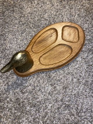 VINTAGE BRASS DUCK HEAD and OAK WOOD DRESSER VALET TRAY Catch All Tray Jewelry 2