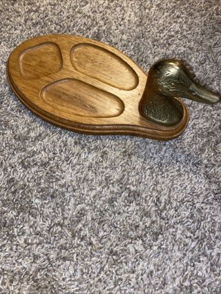 VINTAGE BRASS DUCK HEAD and OAK WOOD DRESSER VALET TRAY Catch All Tray Jewelry 3
