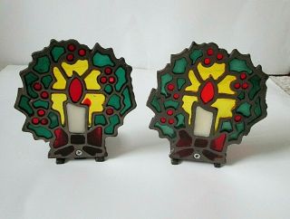 Set 2 Vintage Stained Glass Christmas Wreath Candle Holder Cast Iron Votive