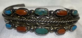 Vintage Navajo Sterling Silver Turquoise Coral Cuff Bracelet 35 Grams