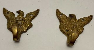 Pr American Eagle Wall Hooks Vintage Sm Brass Coat Hat Cup Hook With Crest 1.  5 "
