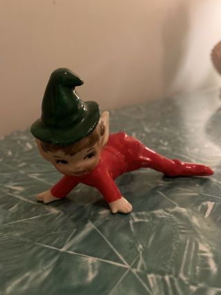 Vintage Ceramic Red And Green Crawling Pixie Elf Figurine