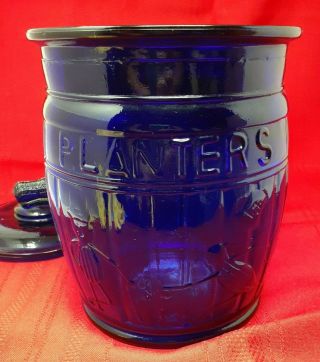 Vintage Planters Running Mr Peanut Cobalt Blue Glass Barrel Jar Store Display 2