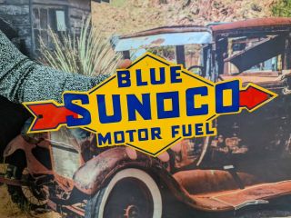Vintage Old Blue Sunoco Motor Oils Porcelain Gas Pump Heavy Metal Gasoline Sign