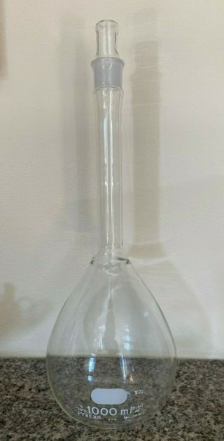 Vtg Pyrex 1000 Ml Glass Volumetric Flask Tc 5641 With Penny Head Stopper Usa