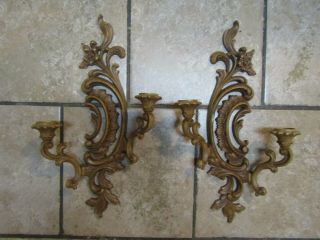 Vintage Mcm Set Of 2 Syroco Dual Arm Candle Holder Wall Sconces Faux Wood Brown