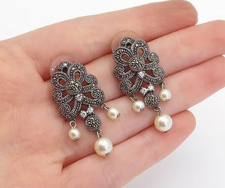 Judith Jack 925 Silver - Vintage Pearls Topaz & Marcasite Drop Earrings - E9678
