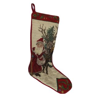 Vintage Wool Needlepoint Christmas Stocking Old World Santa,  Tree & Reindeer