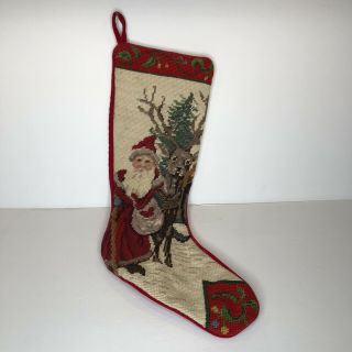 Vintage Wool Needlepoint Christmas Stocking Old World Santa,  Tree & Reindeer 2