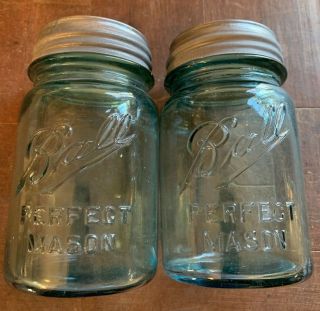 2 Vintage Ball Perfect Mason Aqua Glass Pint Canning Jars Zinc Lid 1910 - 1923 7&9