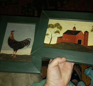 2 Vintage Framed Warren Kimble Prints,  Green Wood Frame Red Barn Rooster Chicken