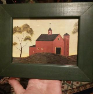 2 Vintage framed Warren Kimble prints,  green wood frame red barn rooster chicken 2
