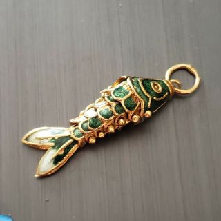 Vintage Cloisonne Enamel Articulated Fish Pendant Green & Gold Tone Koi