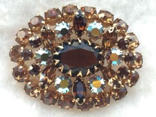 Vintage Sherman Brooch Signed - Shades Of Brown With Light Blue Aurora Borealis