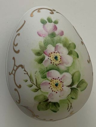 Vintage Hand Painted Roses On Egg Shaped Bisque Porcelain Trinket Box - Easter
