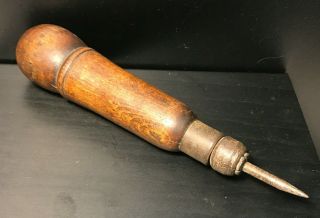 Vintage Wood Handle 7 " Multi Tool 5 Tools - Drill Bit Saw Awl - Screw Off Top