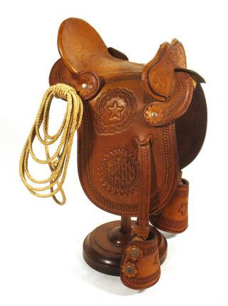1950s Vintage Miniature Leather Horse Saddle On Stand Model Curitiba Brazil