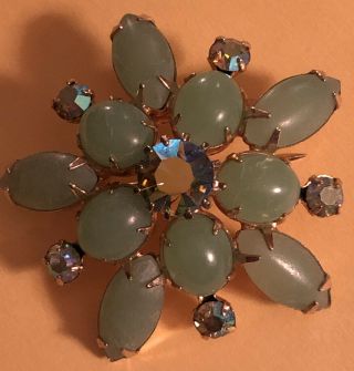 Vintage Signed Coro Green Rhinestone Gold Tone Round Brooch And Glass