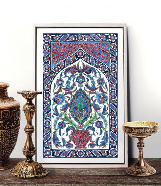 Antique Ottoman Turkish Watercolor Painting,  Vintage Floral Iznik Tile Art Print