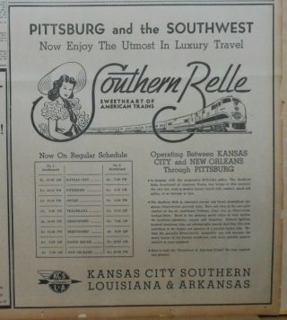 1940 Newspaper Ad For Kcs L&a Rr - Southern Belle Sweetheart Of American Trains