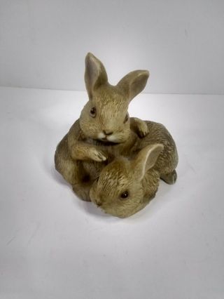 Easter Bunny Rabbits Figurine 3.  5 " Vintage Home Interior Homco 1455 Brown