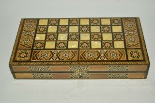 Vintage Handmade Inlaid Wooden Fold Out Chess & Backgammon Game Board
