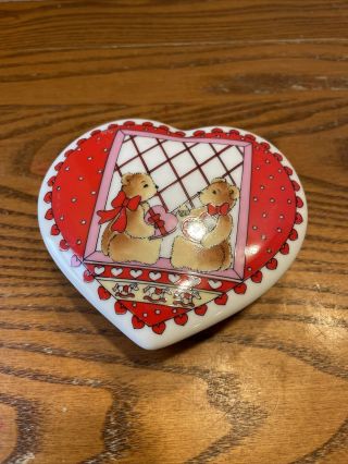 Vintage Enesco Lucy & Me Teddy Bears Trinket Dish Jewelry Box Decor 1983 Heart